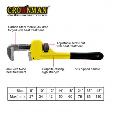 Crownman 18" American Type Heavy Duty Pipe Wrench with Dipped Handle